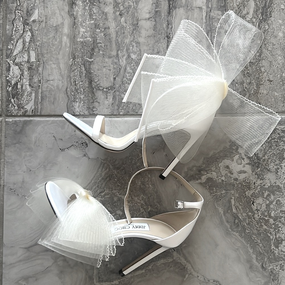 Jimmy Choo Aveline 100 Sandals w/Asymmetric Grosgrain Mesh Fascinator Bows NEW - Picture 11 of 16
